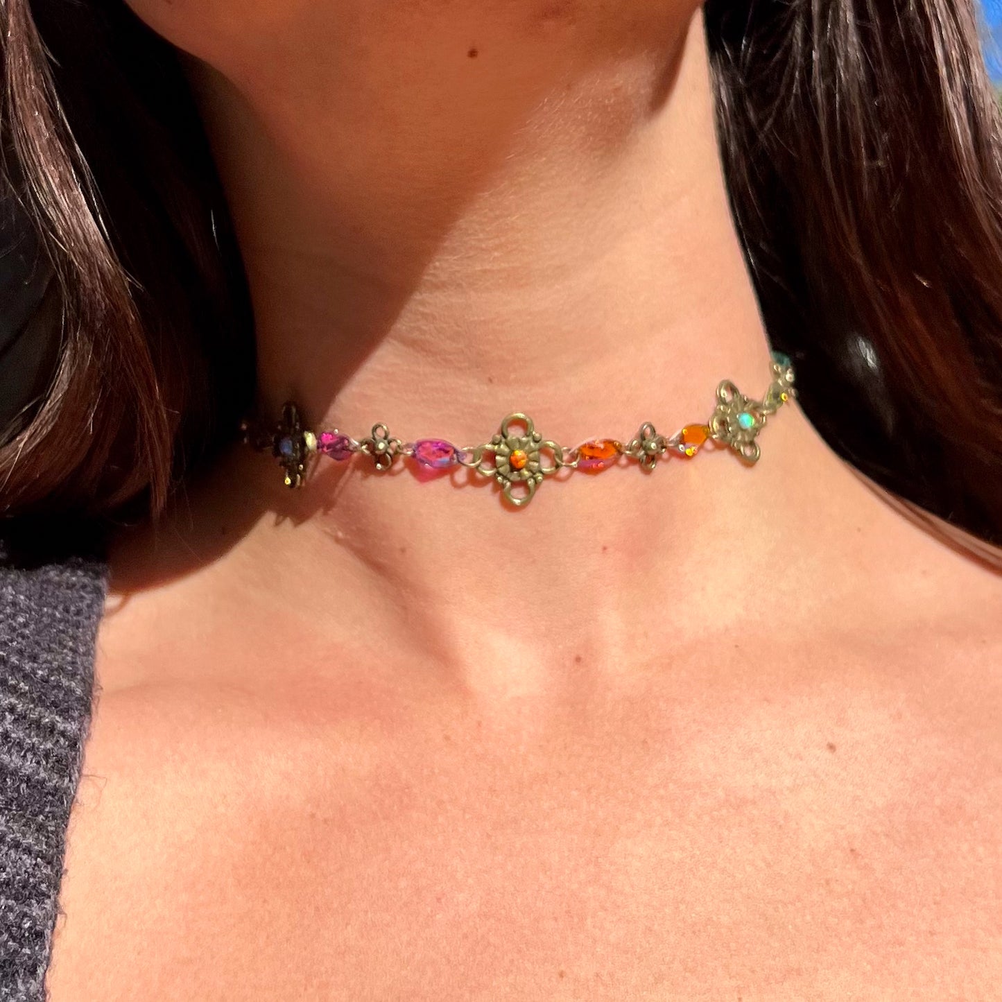Brass Link Choker Necklace in Orange Glow