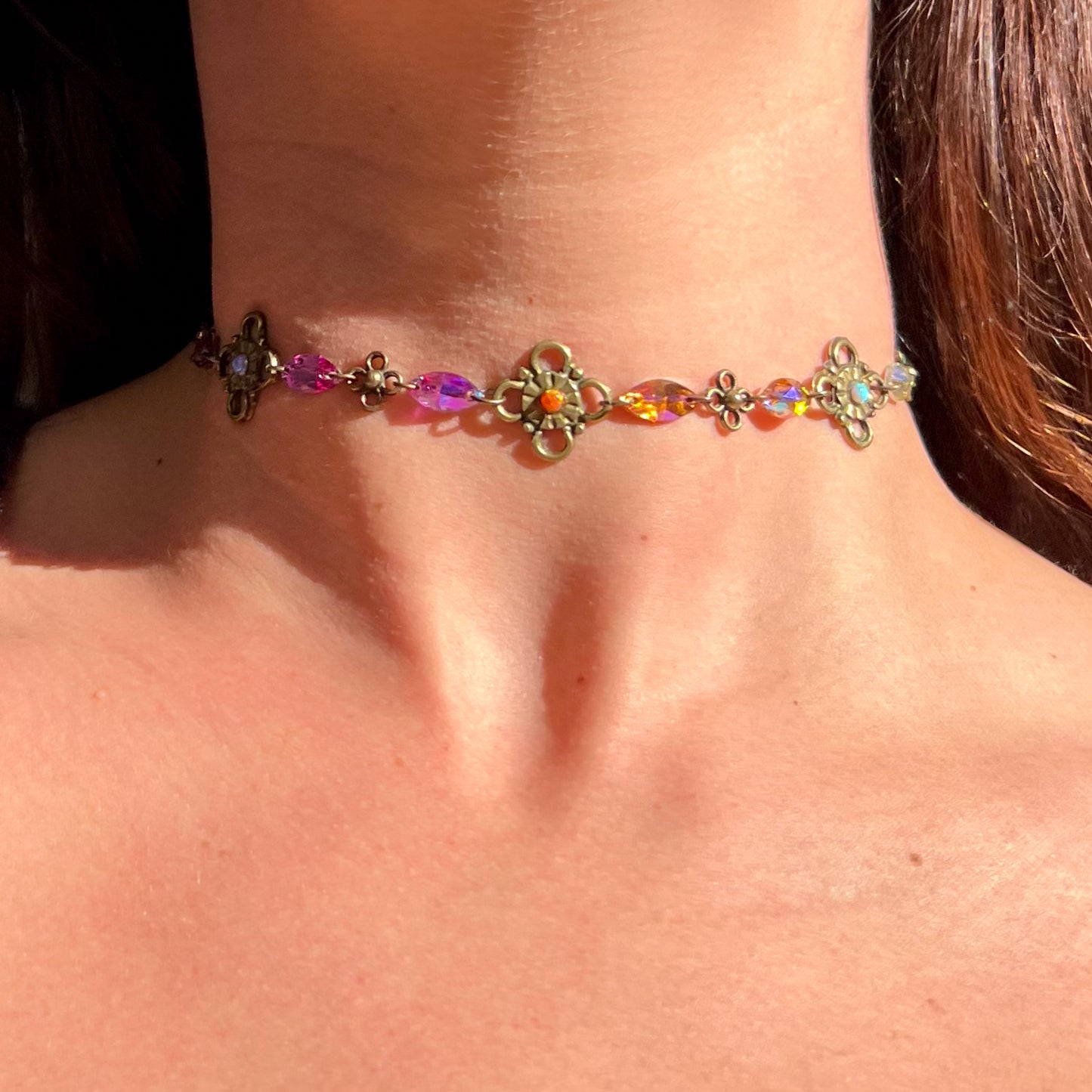 Brass Link Choker Necklace in Orange Glow