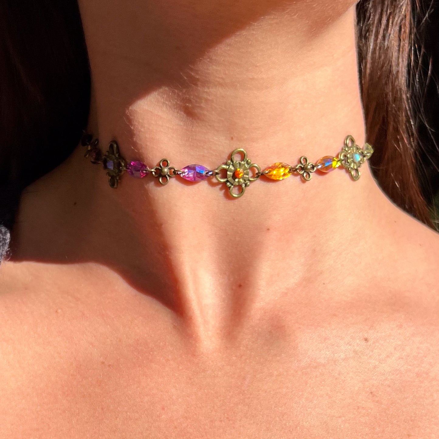 Brass Link Choker Necklace in Orange Glow